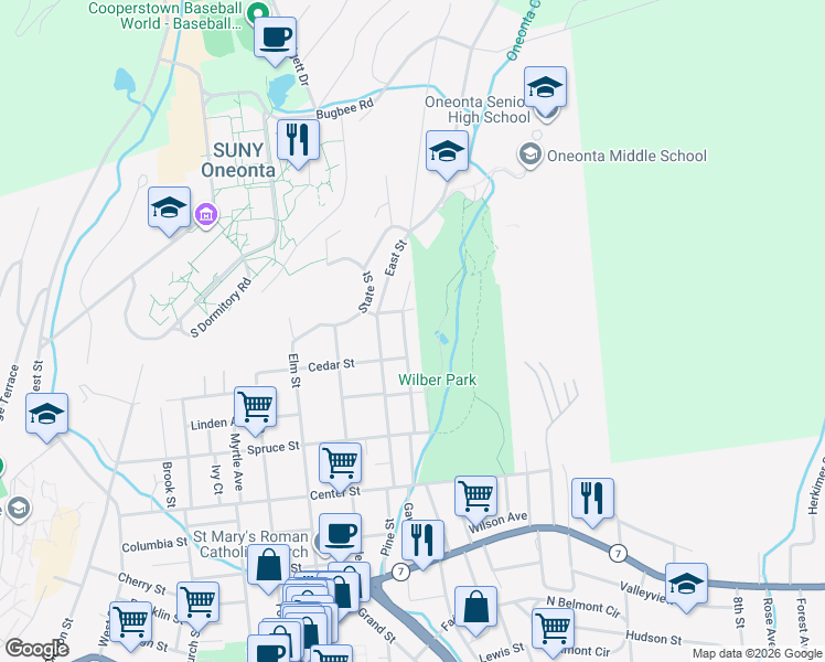 map of restaurants, bars, coffee shops, grocery stores, and more near 51 Cedar Street in Oneonta