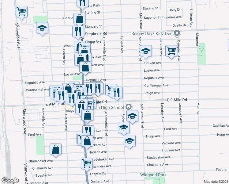 map of restaurants, bars, coffee shops, grocery stores, and more near 8276 Paige Avenue in Warren