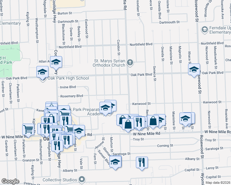 map of restaurants, bars, coffee shops, grocery stores, and more near 12811 Rosemary Boulevard in Oak Park
