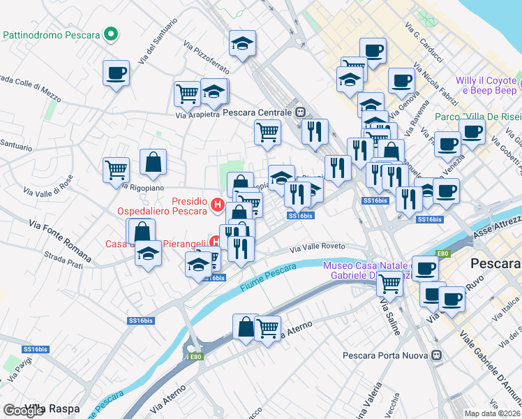 map of restaurants, bars, coffee shops, grocery stores, and more near Via Matese in Pescara