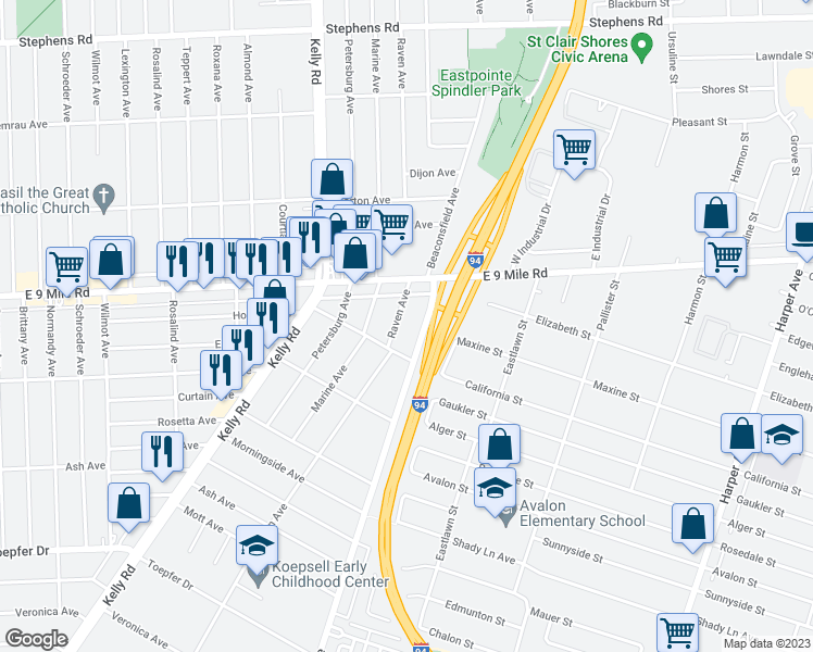 map of restaurants, bars, coffee shops, grocery stores, and more near 22578 Raven Avenue in Eastpointe