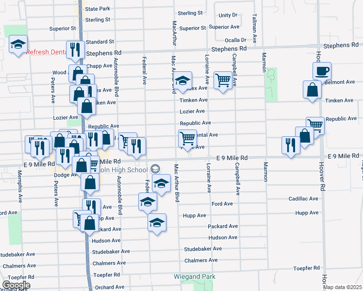 map of restaurants, bars, coffee shops, grocery stores, and more near 8619 Paige Avenue in Warren