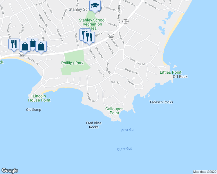 map of restaurants, bars, coffee shops, grocery stores, and more near 3 Galloupes Terrace in Swampscott