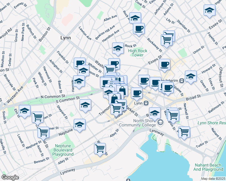 map of restaurants, bars, coffee shops, grocery stores, and more near 53 Market Street in Lynn