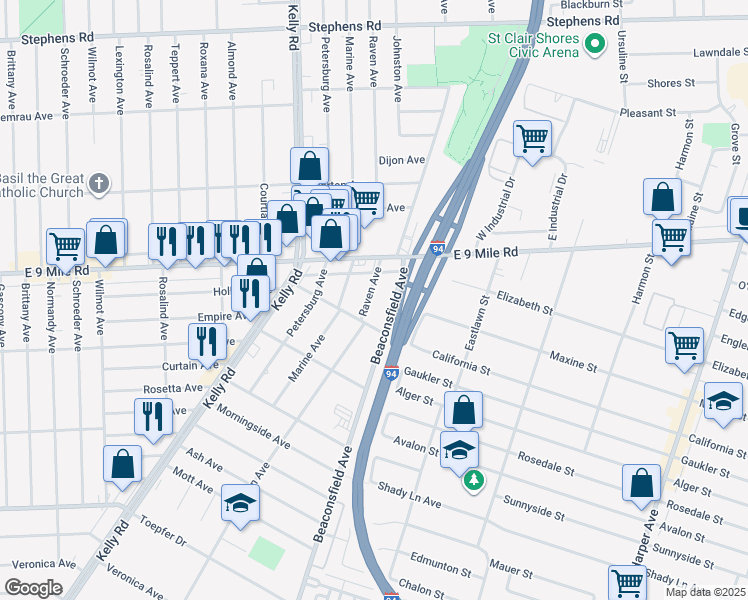 map of restaurants, bars, coffee shops, grocery stores, and more near 22341 Beaconsfield Avenue in Eastpointe