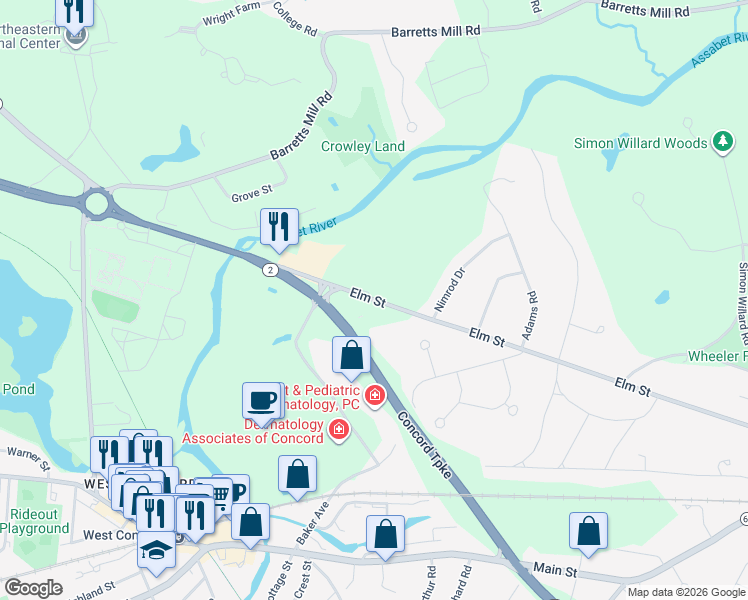 map of restaurants, bars, coffee shops, grocery stores, and more near Elm Street in Concord