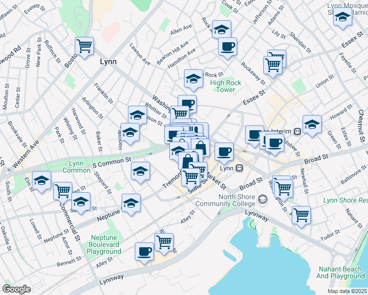 map of restaurants, bars, coffee shops, grocery stores, and more near 53 Market Street in Lynn