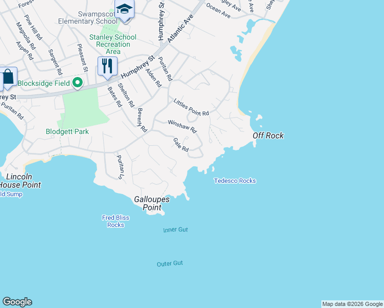 map of restaurants, bars, coffee shops, grocery stores, and more near 89 Gale Road in Swampscott