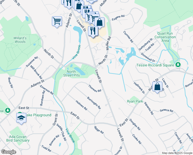 map of restaurants, bars, coffee shops, grocery stores, and more near 590 Lowell Street in Lexington