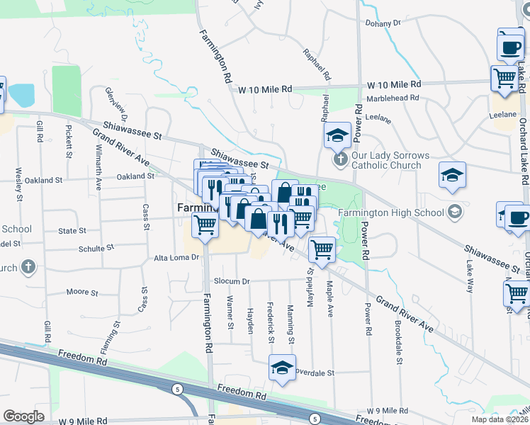 map of restaurants, bars, coffee shops, grocery stores, and more near 23620 Warner Street in Farmington