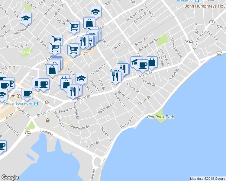 map of restaurants, bars, coffee shops, grocery stores, and more near 2 Chestnut Street in Lynn