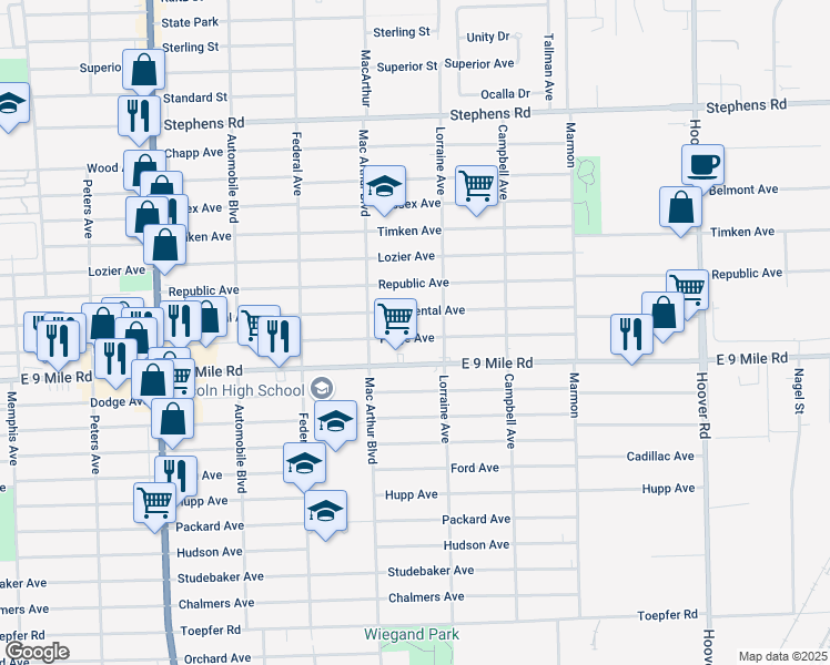 map of restaurants, bars, coffee shops, grocery stores, and more near 8693 Paige Avenue in Warren