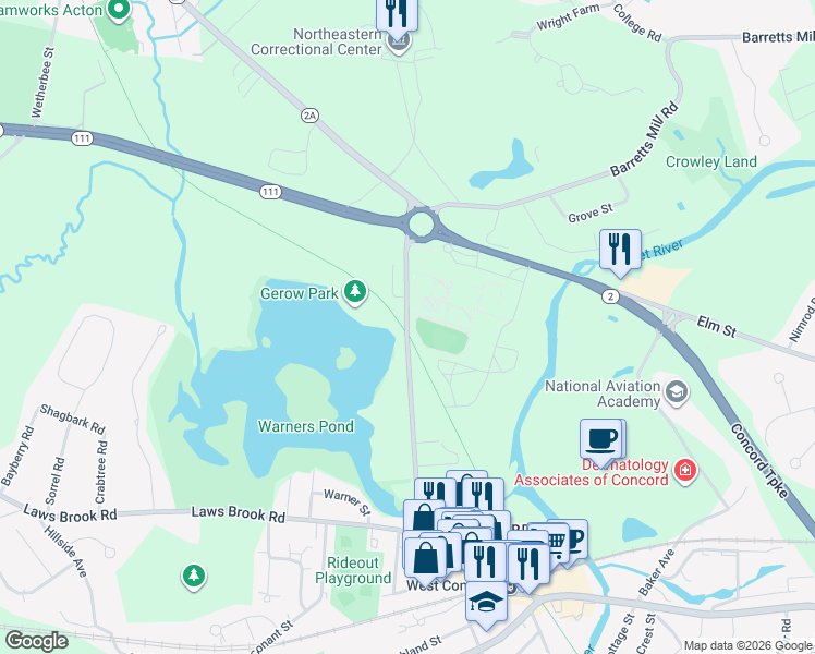 map of restaurants, bars, coffee shops, grocery stores, and more near 341 Commonwealth Avenue in Concord