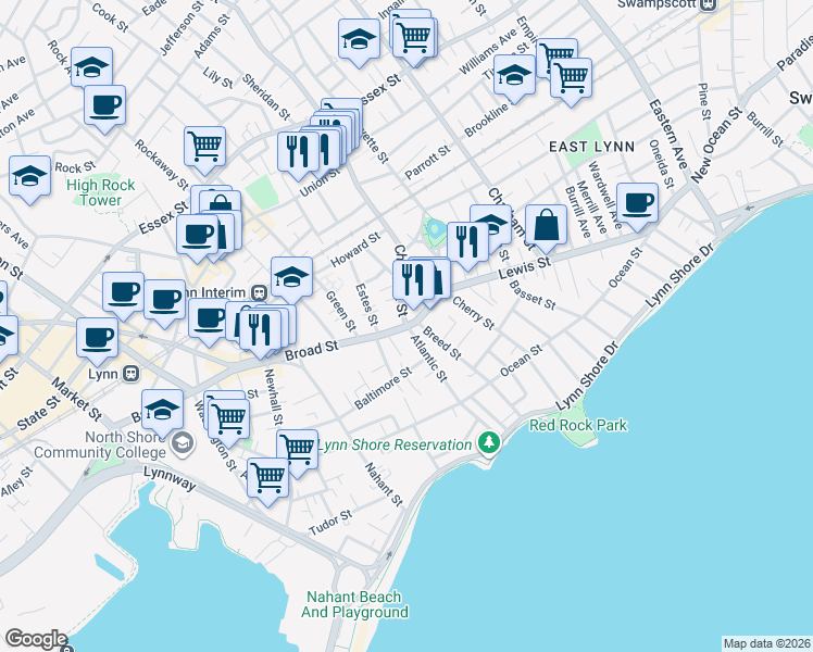 map of restaurants, bars, coffee shops, grocery stores, and more near in Lynn