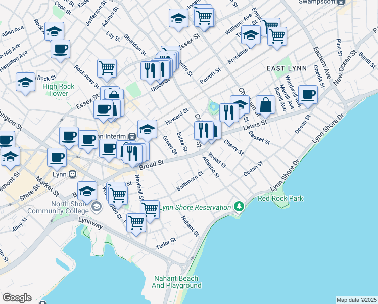 map of restaurants, bars, coffee shops, grocery stores, and more near in Lynn