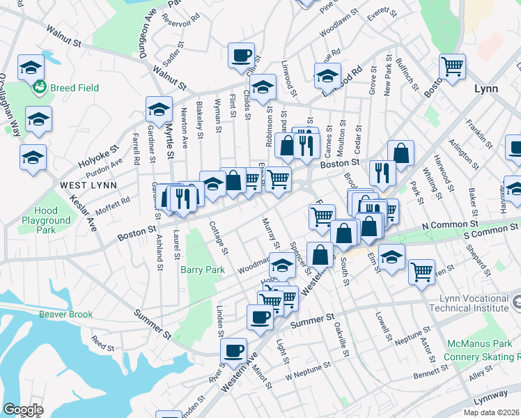 map of restaurants, bars, coffee shops, grocery stores, and more near 515 Boston Street in Lynn