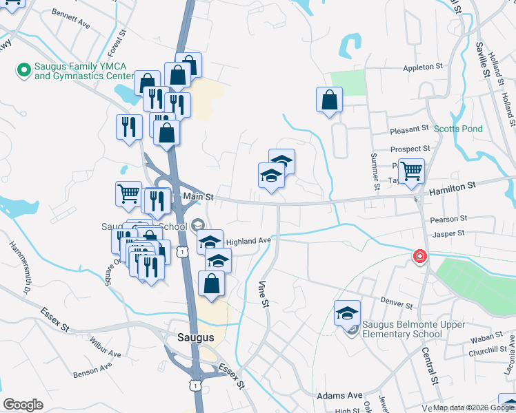 map of restaurants, bars, coffee shops, grocery stores, and more near 2 Main Street Terrace in Saugus