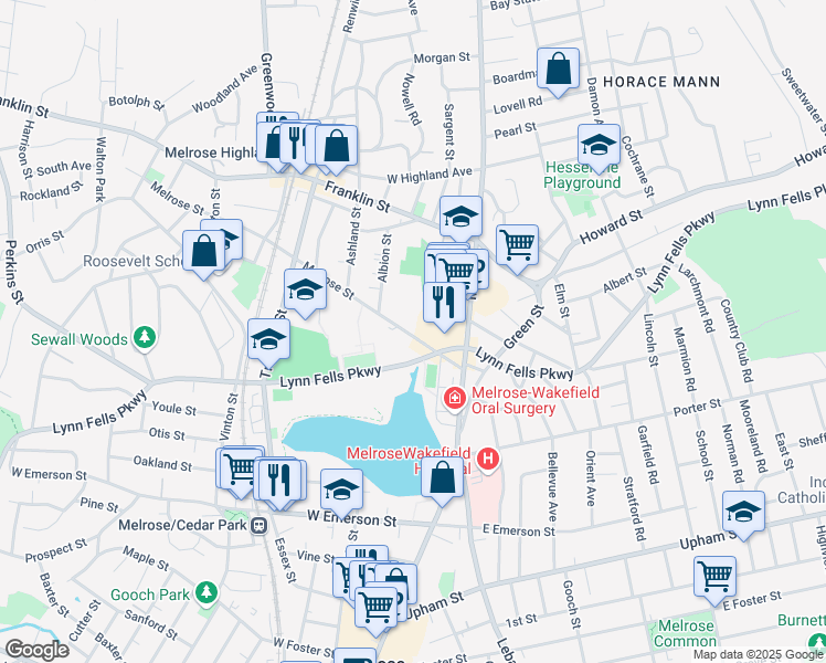 map of restaurants, bars, coffee shops, grocery stores, and more near 49 Melrose Street in Melrose