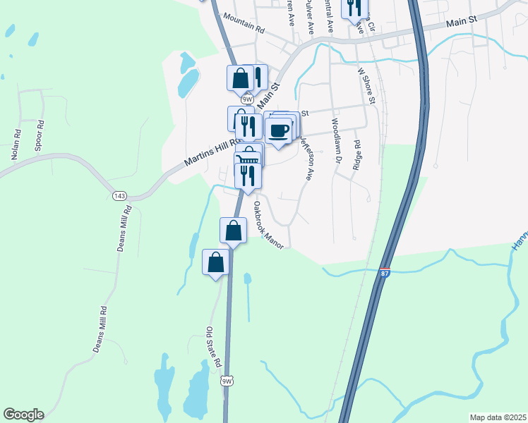 map of restaurants, bars, coffee shops, grocery stores, and more near 15-17 Oakbrook Manor in Ravena