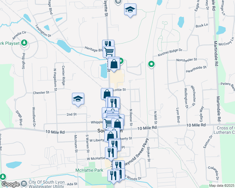 map of restaurants, bars, coffee shops, grocery stores, and more near 450 North Lafayette Street in South Lyon