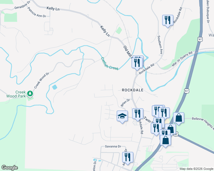 map of restaurants, bars, coffee shops, grocery stores, and more near 2073 Emily Drive in Dubuque