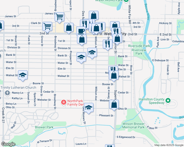 map of restaurants, bars, coffee shops, grocery stores, and more near 601-699 Elm St in Webster City