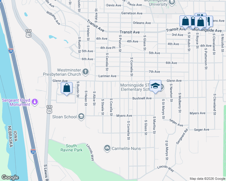 map of restaurants, bars, coffee shops, grocery stores, and more near 3212 Glenn Avenue in Sioux City
