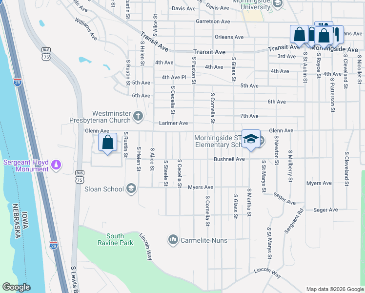 map of restaurants, bars, coffee shops, grocery stores, and more near 3212 Glenn Avenue in Sioux City