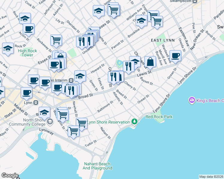 map of restaurants, bars, coffee shops, grocery stores, and more near in Lynn