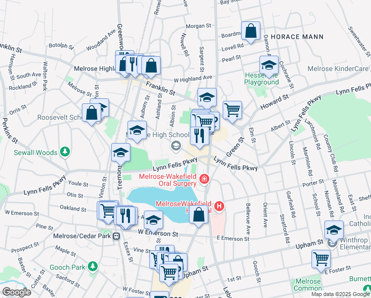 map of restaurants, bars, coffee shops, grocery stores, and more near 51 Melrose Street in Melrose