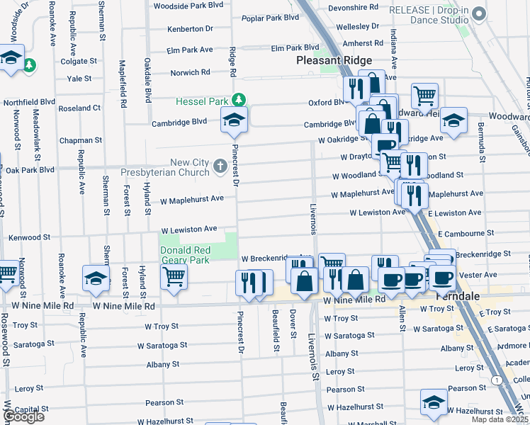 map of restaurants, bars, coffee shops, grocery stores, and more near 578 West Maplehurst Avenue in Ferndale