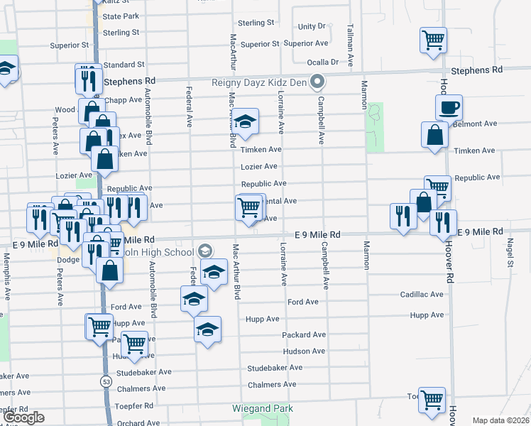 map of restaurants, bars, coffee shops, grocery stores, and more near 8651 Continental Avenue in Warren
