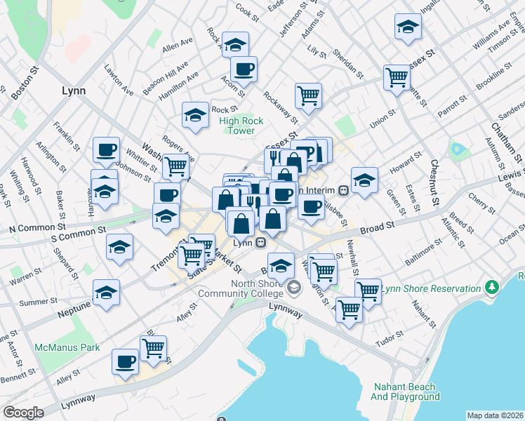 map of restaurants, bars, coffee shops, grocery stores, and more near in Lynn