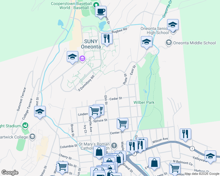 map of restaurants, bars, coffee shops, grocery stores, and more near 7 State Street in Oneonta