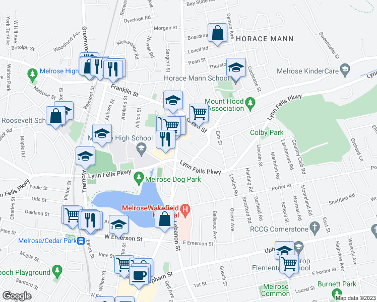 map of restaurants, bars, coffee shops, grocery stores, and more near 22 Linden Road in Melrose