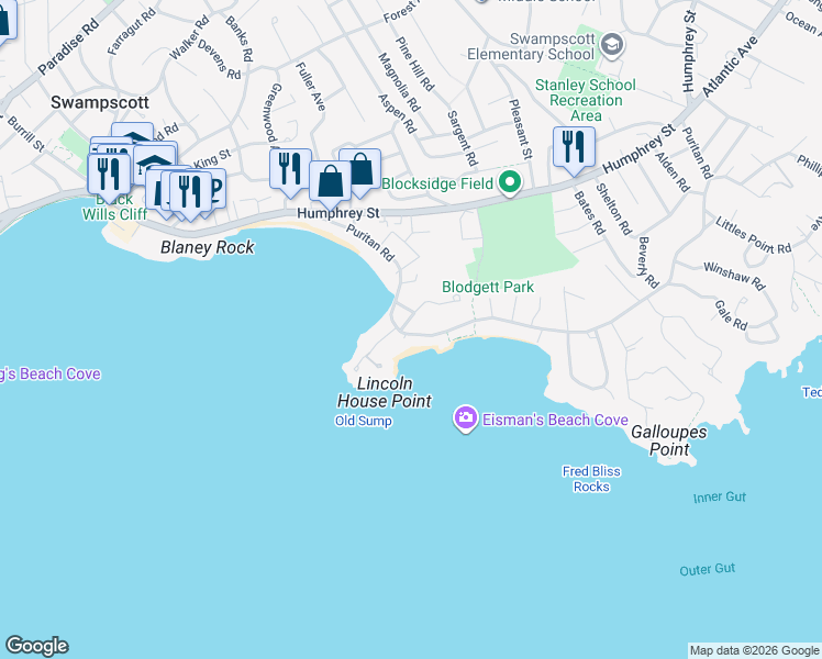 map of restaurants, bars, coffee shops, grocery stores, and more near 1 Sutton Place in Swampscott