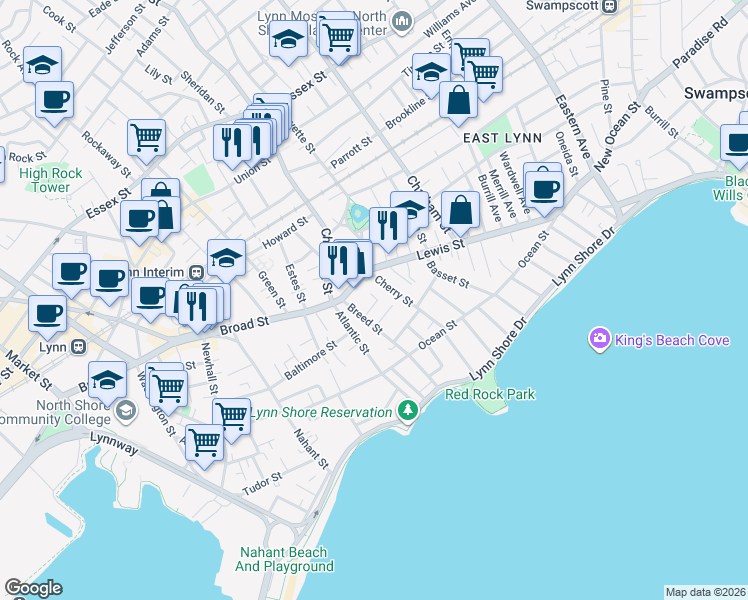 map of restaurants, bars, coffee shops, grocery stores, and more near 200 Massachusetts 129 in Lynn