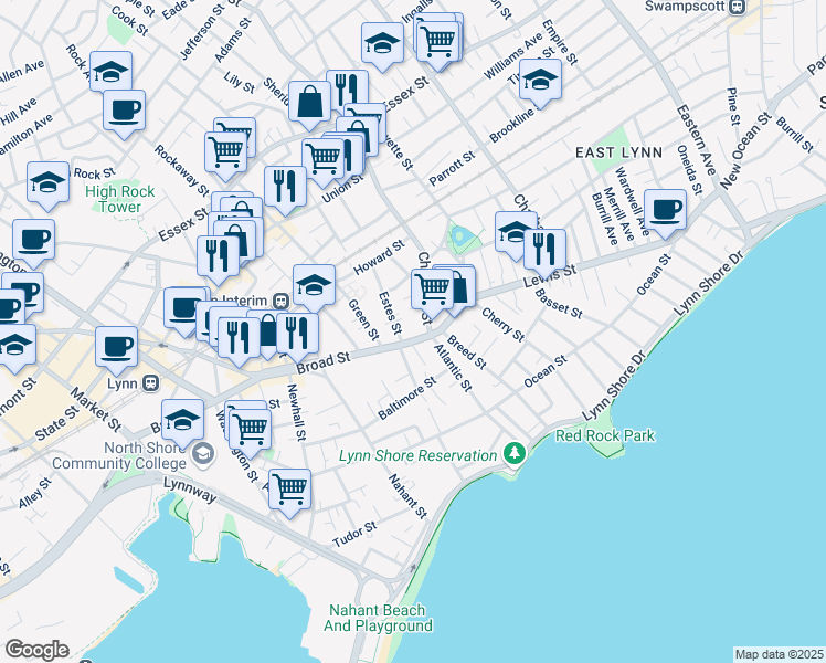 map of restaurants, bars, coffee shops, grocery stores, and more near in Lynn
