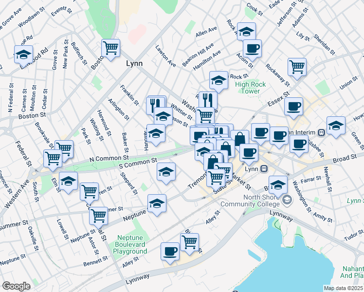 map of restaurants, bars, coffee shops, grocery stores, and more near in Lynn