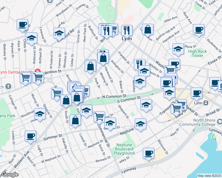 map of restaurants, bars, coffee shops, grocery stores, and more near 36 Harwood Street in Lynn