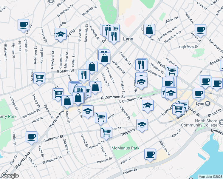 map of restaurants, bars, coffee shops, grocery stores, and more near 34 Harwood Street in Lynn