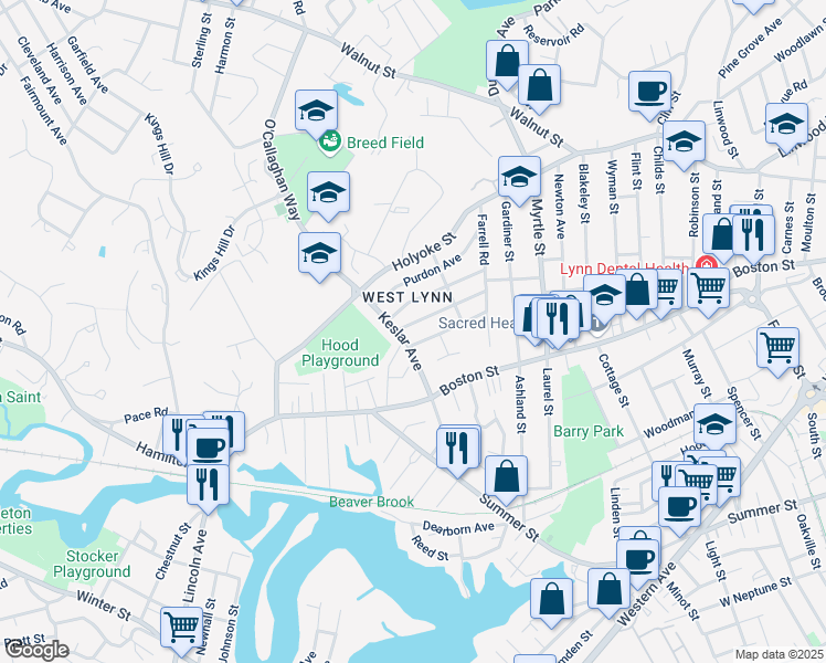map of restaurants, bars, coffee shops, grocery stores, and more near in Lynn