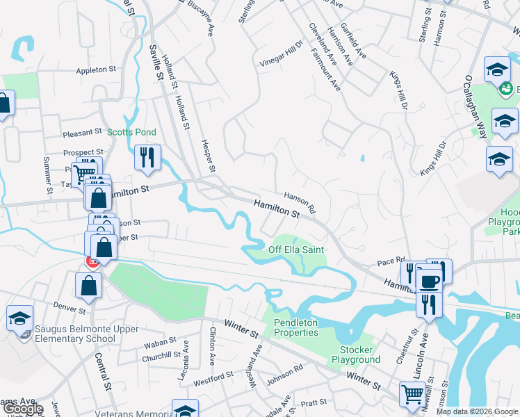map of restaurants, bars, coffee shops, grocery stores, and more near 116 Hamilton Street in Saugus