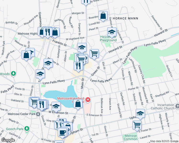map of restaurants, bars, coffee shops, grocery stores, and more near 887 Main Street in Melrose