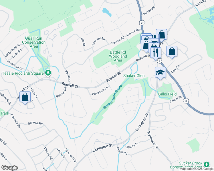 map of restaurants, bars, coffee shops, grocery stores, and more near 183 Russell Street in Woburn