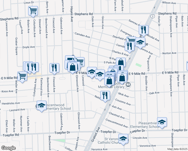 map of restaurants, bars, coffee shops, grocery stores, and more near 15329 East 9 Mile Road in Eastpointe