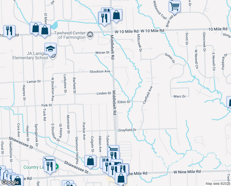 map of restaurants, bars, coffee shops, grocery stores, and more near 23460 Middlebelt Road in Farmington Hills