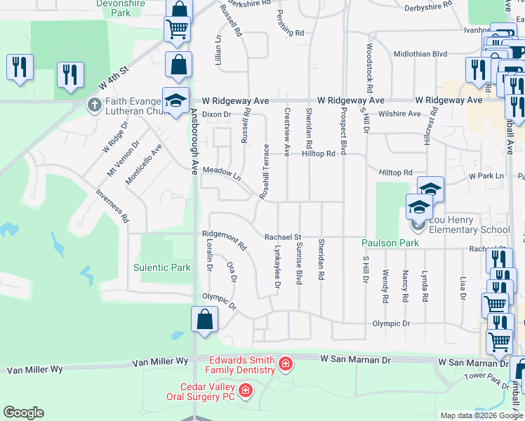 map of restaurants, bars, coffee shops, grocery stores, and more near 1024 Meadow Ln in Waterloo