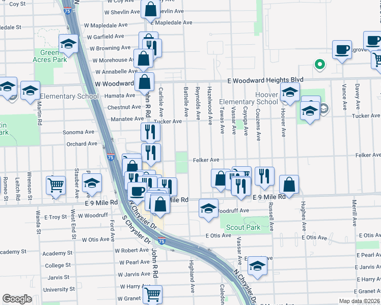 map of restaurants, bars, coffee shops, grocery stores, and more near 23377 Reynolds Avenue in Hazel Park
