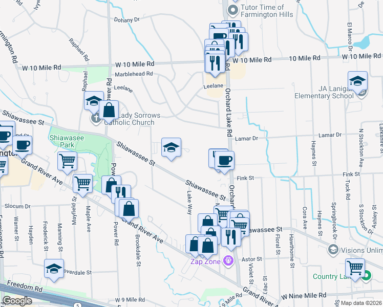 map of restaurants, bars, coffee shops, grocery stores, and more near 32000 Shiawassee Road in Farmington
